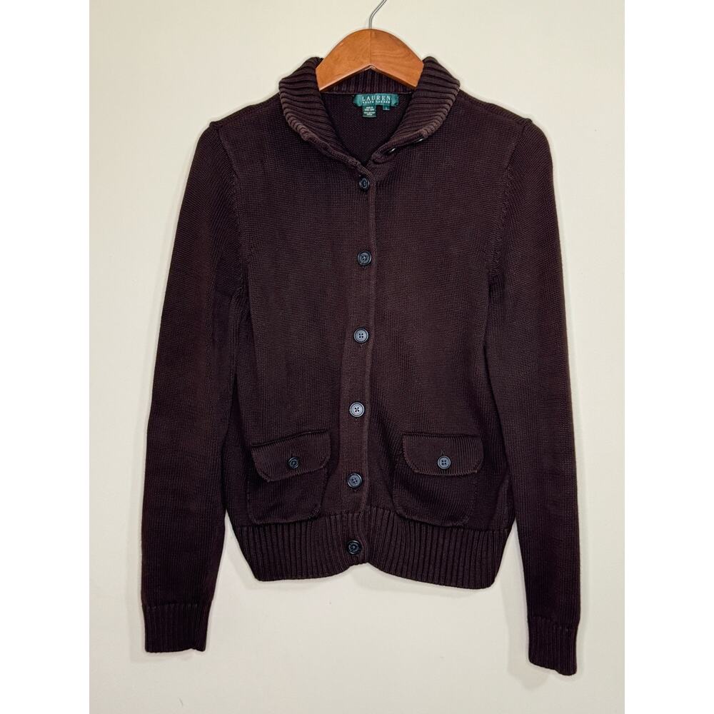 Lauren Ralph Lauren Cardigan Sweater Womens Large Brown 100% Cotton Grandma Core